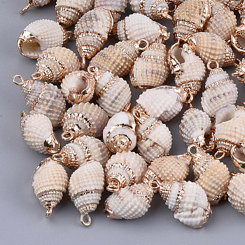 Electroplate Spiral Shell Pendants, with Iron Findings, Golden, Seashell Color, 16~26x8~12x8~10mm, Hole: 1.8mm