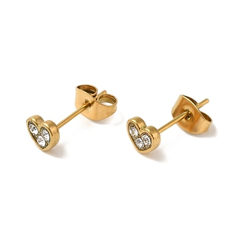 304 Stainless Steel Crystal Rhinestone Stud Earrings for Women, Golden, Heart, 5x6mm