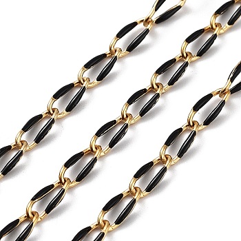 304 Stainless Steel Handmade Beaded Chain, with Enamel, with Spool, Soldered, Real 18K Gold Plated, Oval, Black, 9x4x1mm, about 16.40 Feet(5m)/Roll