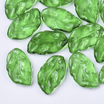 Transparent Spray Painted Glass Pendants, Leaf, Green, 27.5x15~17x3.5~4.5mm, Hole: 1.4mm