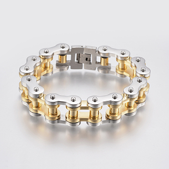 Men's 201 Stainless Steel Bracelets, Motorcycle Chain Bracelets, Golden & Stainless Steel Color, 9 inch(230mm), 17x9mm
