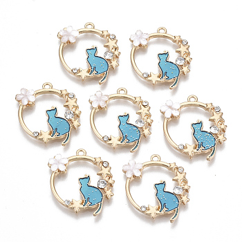 Alloy Crystal Rhinestone Pendants, with Enamel and Resin, Glitter Powder, Golden, Cat with Flower, Sky Blue, 24x22x3mm, Hole: 1.5mm