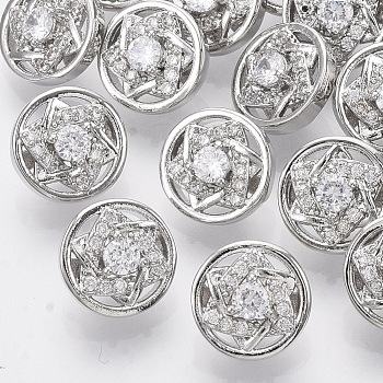 Brass Shank Buttons, with Micro Pave Cubic Zirconia, Flat Round with Star, Clear, Platinum, 10x7mm, Hole: 1.4mm