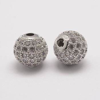 Brass Micro Pave Cubic Zirconia Beads, Round, Platinum, 10x9.5mm, Hole: 2mm