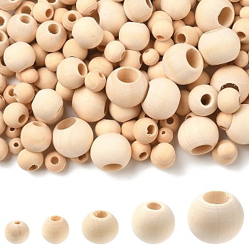 400Pcs 5 Styles Natural Unfinished Wood Beads, Macrame Beads, Round Wooden Large Hole Beads for Craft Making, with 1 Bundle Jute Cord, Antique White, 8~20mm, Hole: 2~10mm