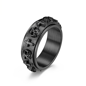 Titanium Steel Skull & Cross Rotatable Finger Ring, Spinner Fidget Band Anxiety Stress Relief Punk Ring for Men Women, Gunmetal, US Size 10(19.8mm)