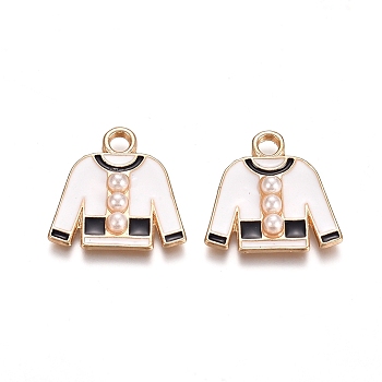 Light Gold Plated Alloy Enamel Pendants, with Acrylic Imitation Pearl, Clothes, White, 18x18x3.5mm, Hole: 2.5mm