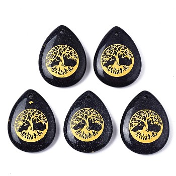 Synthetic Blue Goldstone Pendants, Teardrop with Tree of Life Pattern, 32~33.5x25~26x6.5~7.5mm, Hole: 2mm, 6pcs/bag