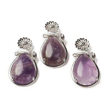 Natural Amethyst Pendants, with Brass Findings, Flower with Teardrop, 56x28x8mm, Hole: 5x2.5mm