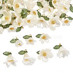 70Pcs 7 Styles Spray Paint ABS Plastic Imitation Pearl & Opaque Pendants, Flower Charms, with Brass Pins, Golden, White, 10~18x10~18x9~18mm, Hole: 1.8~2mm, about 10pcs/style(PALLOY-JF05605)