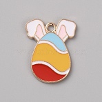 Easter Theme Alloy Enamel Pendants, Light Gold, Egg with Rabbit Charm, Red, 22x16.8x1.5mm, Hole: 2mm(ENAM-CJC0003-63A-06)