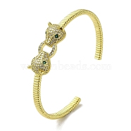 Brass Pave Clear & Green Cubic Zirconia Leopard Open Cuff Bangle for Women, Real 18K Gold Plated, Inner Diameter: 1-7/8x2-3/8 inch(4.9x5.95cm)(BJEW-K246-22B-G)