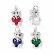 Brass Micro Pave Cubic Zirconia Pendants, with Jump Rings, Cadmium Free & Lead Free, Long-Lasting Plated, Platinum, Bear, Mixed Color, 18x10.5x6.5mm, Hole: 3mm(ZIRC-P098-02P)
