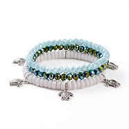 3Pcs 3 Styles Stretch Bracelets Sets, Stackable Bracelets, with Polymer Clay Beads, Glass Beads and Alloy Sea Turtle Pendants, Antique Silver, Mixed Color, Inner Diameter: 2 inch(5.1cm), 2-1/4 inch(5.7cm), 2-1/4 inch(5.6cm), 1pc/style(BJEW-JB05898)