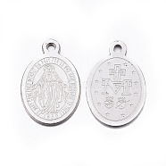 DanLingJewelry 304 Stainless Steel Charms, Oval with Virgin Mary, Miraculous Medal, Stainless Steel Color, 14x9x0.8mm, Hole: 1mm(STAS-DL0001-06)