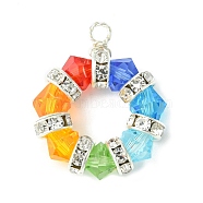 Faceted Glass Copper Wire Wrapped Pendants, Round Ring Charms, Colorful, 24.5x21x6mm, Hole: 2.2mm(PALLOY-TA00065-02)