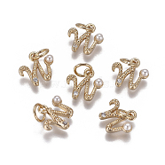 Brass Charms, with Cubic Zirconia and Shell Pearl Bead, Letter, Golden, Clear, Letter.W, 9.5~11x3.5~10.8x3~3.5mm, Hole: 3.5mm(KK-L179-08W-G)