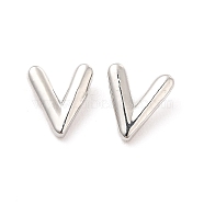 Brass Hollow Out Initial Letter Stud Earrings for Women, Platinum, Lead Free & Cadmium Free, Letter.V, 7x6x1.5mm, Pin: 0.8mm(EJEW-A044-01P-V)