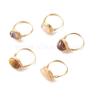 Natural Botswana Agate Oval Finger Rings, Copper Wire Wrapped Jewelry for Women, Golden, US Size 8 1/4(18.3mm)~US Size 8 3/4(18.7mm)(RJEW-JR00441-04)