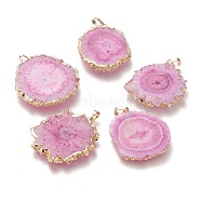 Dyed Natural Druzy Solar Quartz Crystal Pendants, Edge Plated, with Brass Bails, Sunflower, Golden, Pearl Pink, 40~50x30~45x5~6mm, Hole: 4x6mm(G-F693-01C-G)