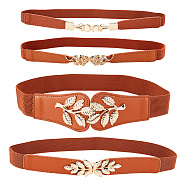 4Pcs 4 Style Imitation Leather Elastic Chain Belt, Resin Pearl & Alloy Leaf Clasp Waist Belt for Shirt Dress Overcoat, Camel, 25.39~26.38 inch(645~670mm), 1Pc/style(AJEW-GA0006-22A)