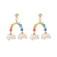 Natural Pearl & Glass Beaded Rainbow & Cloud Dangle Stud Earrings, Brass Drop Earrings for Women, Colorful, 38mm, Pin: 0.8mm(EJEW-TA00151)