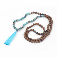 Natural Ocean Jasper and Wood Beaded Necklaces, with Tassel, Burlap Bags Packing, 39.7 inch(101cm)(NJEW-JN02024)