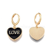 Heart with Word Love Enamel Dangle Leverback Earrings, Real 18K Gold Plated Brass Jewelry for Women, Cadmium Free & Nickel Free & Lead Free, Black, 28mm, Pin: 1mm(EJEW-N012-108D)