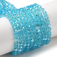 Electroplate Transparent Glass Beads Strands, Faceted, Round, Rainbow Plated, Deep Sky Blue, 3mm, Hole: 0.8mm, about 164~166pcs/strand, 19.69~19.88 inch(50~50.5cm)(EGLA-A035-T3mm-L08)