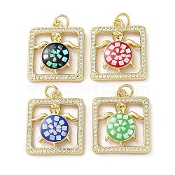 Brass Micro Pave Clear Cubic Zirconia Pendants, with Enamel, Shell and Jump Ring, Real 18K Gold Plated, Square with Tortoise, Mixed Color, 21x18x3mm, Hole: 3.6mm(KK-C045-19G)