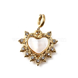 Heart 304 Stainless Steel Rhinestone Pendant Decorations, with White Shell and Spring Ring Clasps, Ion Plating(IP), Real 18K Gold Plated, 20mm(STAS-H202-04G-01)