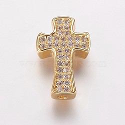 Brass Cubic Zirconia Beads, Cross, Clear, Golden, 14x9x3.5mm, Hole: 1mm(KK-P134-09G)