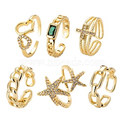 6Pcs 6 Styles Adjustable Brass Micro Pave Clear Cubic Zirconia Cuff Rings, Open Rings, Long-Lasting Plated, Curb Chain & Cable Chain & Heart & Cross & Starfish, Real 18K Gold Plated, Inner Diameter: 16~17mm, 1pc/style(RJEW-LS0001-19G)