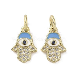 Real 18K Gold Plated Brass Micro Pave Cubic Zirconia Pendants, with Enamel and Jump Ring, Hamsa Hand with Evil Eye Charms, Colorful, 13x9x2mm, Hole: 4mm(KK-L209-078G-05)