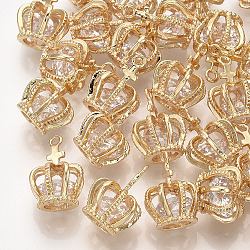 Brass Cubic Zirconia Pendants, Crown, Clear, Real 18K Gold Plated, 15x11x11mm, Hole: 1mm(X-KK-S348-446)