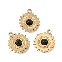 Natural Black Onyx(Dyed & Heated) Pendants, 304 Stainless Steel Sun Charms, PVD Vacuum Plating, Real 18K Gold Plated, 24.5x20.5x6.5mm, Hole: 2.5mm(STAS-P380-12G)