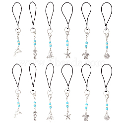 5 Bags Marine Theme Alloy Mobile Straps, with Nylon Cord and Synthetic Turquoise Beads, Antique Silver & Platinum, 105~114.5mm, 6pcs/bag(HJEW-CP0001-29)
