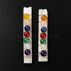 Chakra Jewelry, Natural Selenite Home Decorations, with Brass Wire Wrapped and Natural Gemstone Round Beads, Rectangle, 80~110x10~15x5~8mm, Round: 9.5~11mm(G-YW0001-23B)