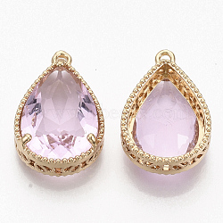 Faceted Glass Pendants, with Golden Tone Brass Open Back Settings, Teardrop, Pearl Pink, 23x15.5x6.5mm, Hole: 1.5mm(GLAA-T010-016H)