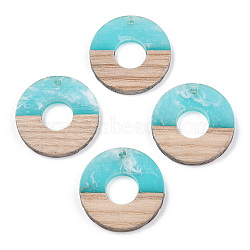 Transparent Resin & White Wood Pendants, Two Tone, Donut/Pi Disc Charms, Cyan, Donut Width: 13.3mm, 28x4mm, Hole: 1.5mm(RESI-TAC0017-37)