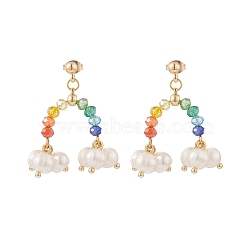 Natural Pearl & Glass Beaded Rainbow & Cloud Dangle Stud Earrings, Brass Drop Earrings for Women, Colorful, 38mm, Pin: 0.8mm(EJEW-TA00151)