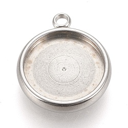 Non-Tarnish 304 Stainless Steel Pendant Cabochon Settings, Lace Edge Bezel Cups, Flat Round, Stainless Steel Color, Tray: 12mm, 17x14.5x3mm, Hole: 1.8mm(X-STAS-K202-03E-P)