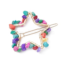 Alloy Hollow Hair Pin, Ponytail Holder Statement, with Wire Wrapped Synthetic Turquoise Chips, Star, 52x64x7.5mm(PHAR-JH00091-01)