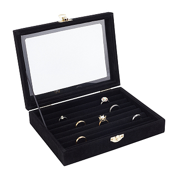 Velvet Jewelry Presentation Boxes, Ring Earring Display Organizer Case with Glass Window and Golden Tone Alloy Clasps, Rectangle, Black, 20x15x4.6cm, Inner Diameter: 18.3x13.4cm