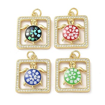 Brass Micro Pave Clear Cubic Zirconia Pendants, with Enamel, Shell and Jump Ring, Real 18K Gold Plated, Square with Tortoise, Mixed Color, 21x18x3mm, Hole: 3.6mm