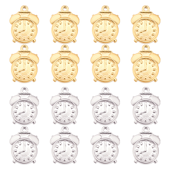 DICOSMETIC 16Pcs 2 Colors 201 Stainless Steel Machine Polishing Pendants, Clock, Golden & Stainless Steel Color, 16.5x12.5x3mm, Hole: 1.2mm, 8pcs/color