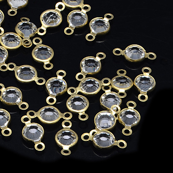 Golden Tone Brass Glass Links connectors, Faceted Flat Round, Clear, 10x4~5x2mm, Hole: 1.5mm