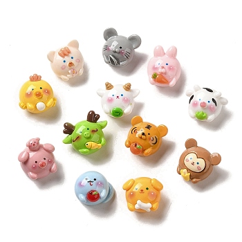 Opaque Resin Decoden Cabochons, 12 Chinese Zodiac Signs, Mixed Color, 19~24x20~27.5x14~15mm