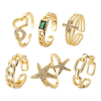 6Pcs 6 Styles Adjustable Brass Micro Pave Clear Cubic Zirconia Cuff Rings, Open Rings, Long-Lasting Plated, Curb Chain & Cable Chain & Heart & Cross & Starfish, Real 18K Gold Plated, Inner Diameter: 16~17mm, 1pc/style