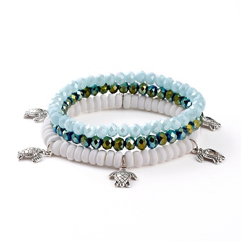 3Pcs 3 Styles Stretch Bracelets Sets, Stackable Bracelets, with Polymer Clay Beads, Glass Beads and Alloy Sea Turtle Pendants, Antique Silver, Mixed Color, Inner Diameter: 2 inch(5.1cm), 2-1/4 inch(5.7cm), 2-1/4 inch(5.6cm), 1pc/style